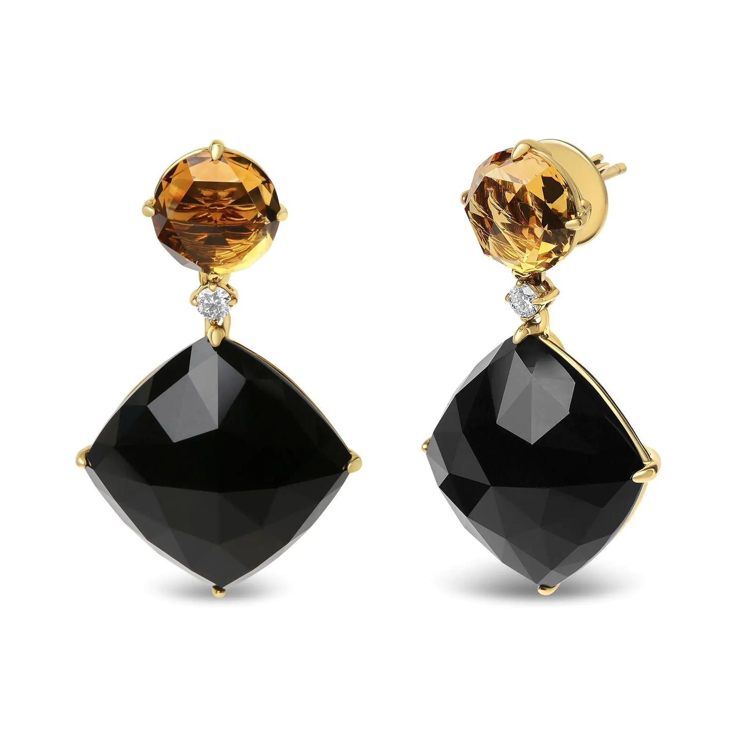 18K Yellow Gold 1/5 Cttw Diamond with Round Yellow Citrine and Cushion Cut Black Onyx Gemstone Dangle Earring (G-H Color, SI1-SI2 Clarity)